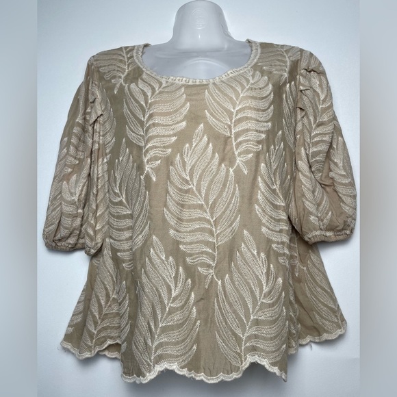 Solitaire Khaki Embroidered Top Fern Pattern Stitching Puff Sleeves Women M/L - Picture 1 of 8